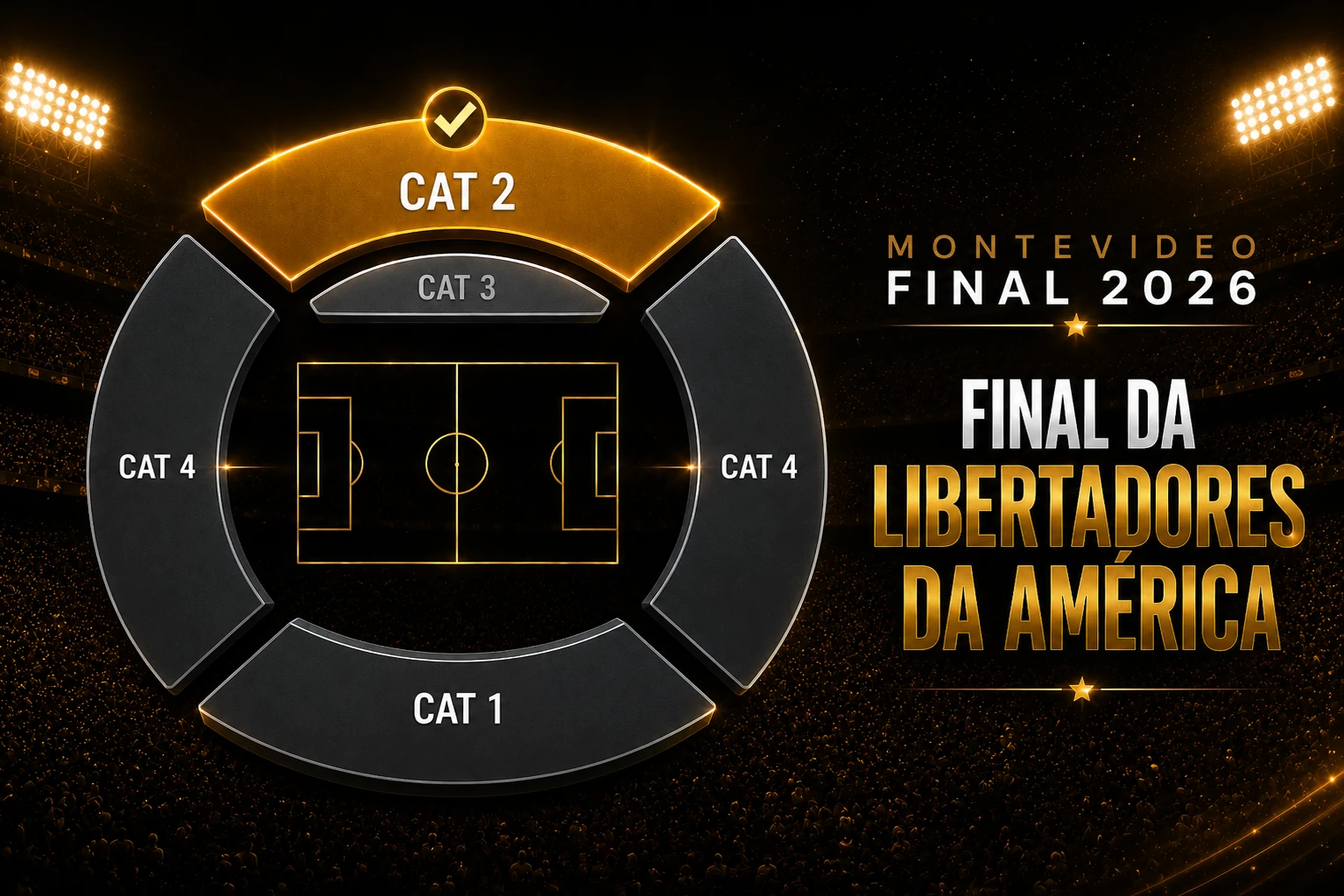 Mapa ilustrativo do estádio: categoria 2 destacada em dourado na arquibancada lateral superior, categoria 3 abaixo, categoria 4 nas cabeceiras e categoria 1 na lateral oposta