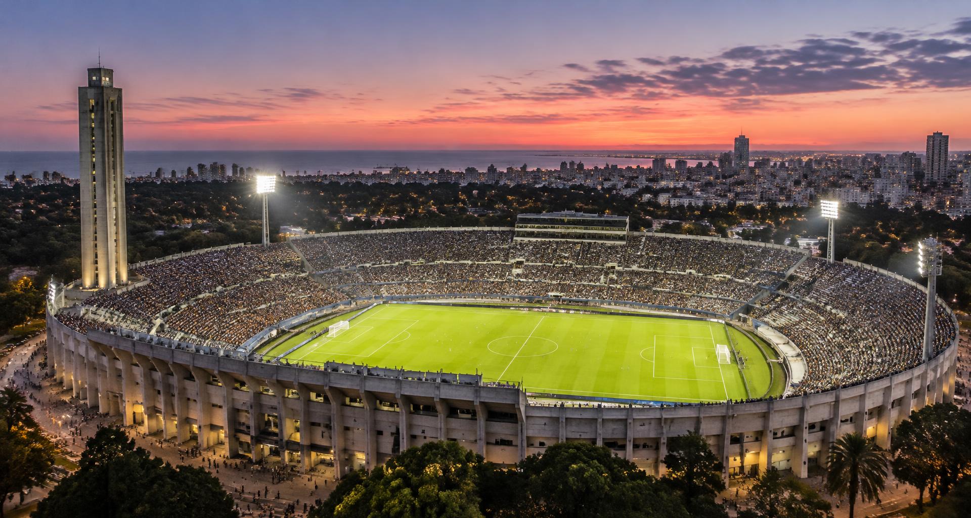 Vista ilustrativa do Estádio Centenário em Montevidéu ao entardecer